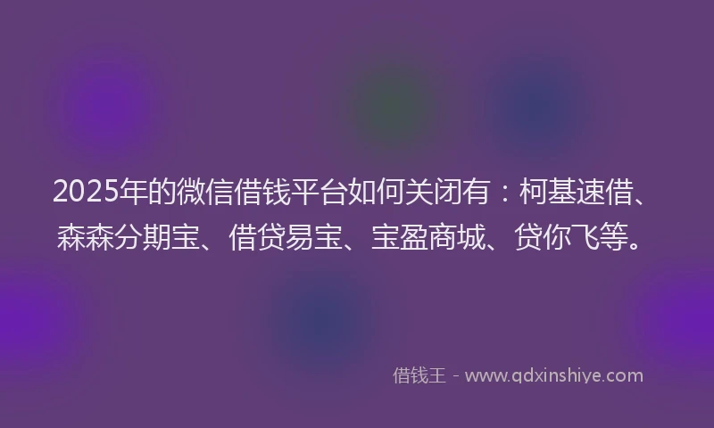 2025年的微信借钱平台如何关闭有：柯基速借、森森分期宝、借贷易宝、宝盈商城、贷你飞等。