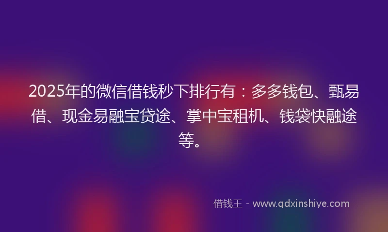 2025年的微信借钱秒下排行有：多多钱包、甄易借、现金易融宝贷途、掌中宝租机、钱袋快融途等。