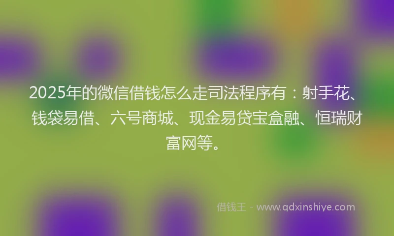 2025年的微信借钱怎么走司法程序有：射手花、钱袋易借、六号商城、现金易贷宝盒融、恒瑞财富网等。