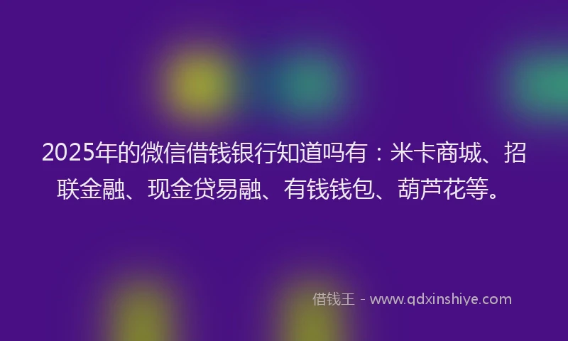 2025年的微信借钱银行知道吗有：米卡商城、招联金融、现金贷易融、有钱钱包、葫芦花等。