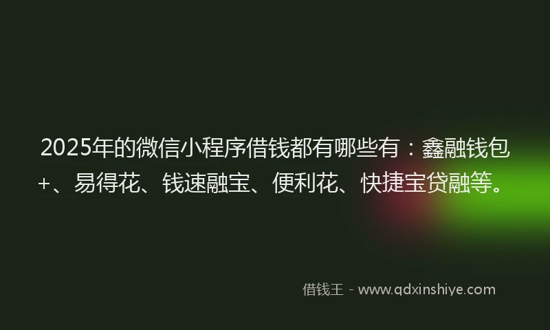 2025年的微信小程序借钱都有哪些有：鑫融钱包+、易得花、钱速融宝、便利花、快捷宝贷融等。