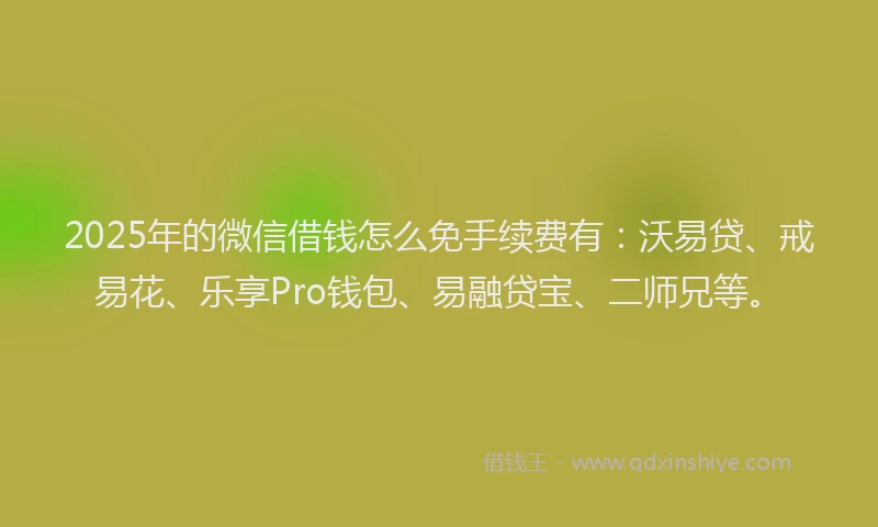 2025年的微信借钱怎么免手续费有：沃易贷、戒易花、乐享Pro钱包、易融贷宝、二师兄等。
