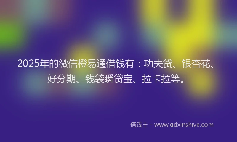2025年的微信橙易通借钱有：功夫贷、银杏花、好分期、钱袋瞬贷宝、拉卡拉等。