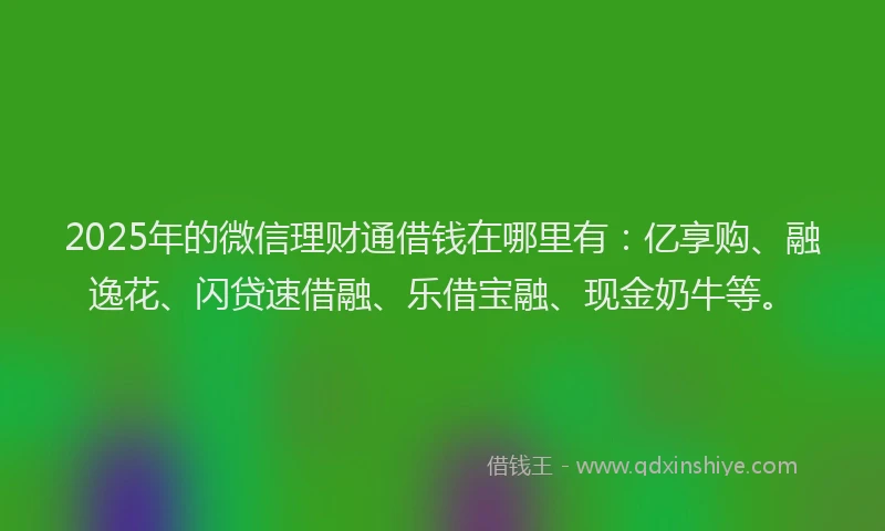 2025年的微信理财通借钱在哪里有：亿享购、融逸花、闪贷速借融、乐借宝融、现金奶牛等。