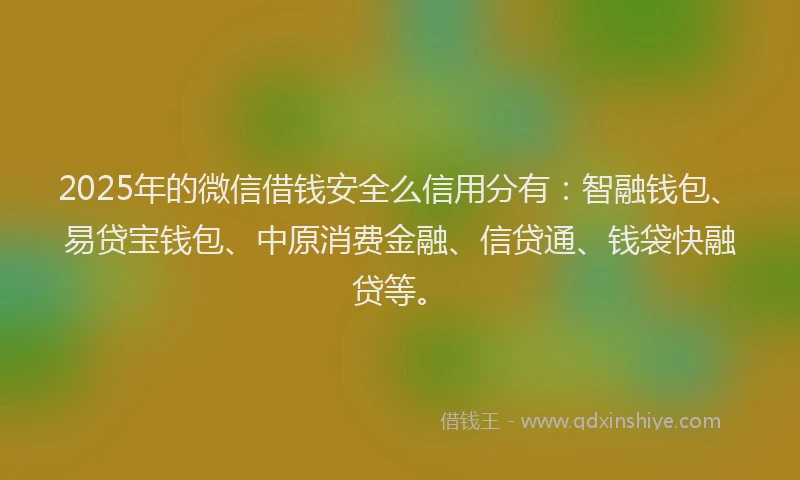 2025年的微信借钱安全么信用分有：智融钱包、易贷宝钱包、中原消费金融、信贷通、钱袋快融贷等。