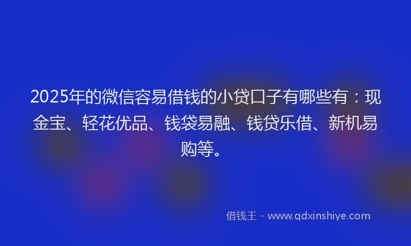 2025年的微信容易借钱的小贷口子有哪些有：现金宝、轻花优品、钱袋易融、钱贷乐借、新机易购等。