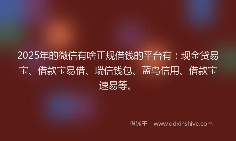 2025年的微信有啥正规借钱的平台有：现金贷易宝、借款宝易借、瑞信钱包、蓝鸟信用、借款宝速易等。