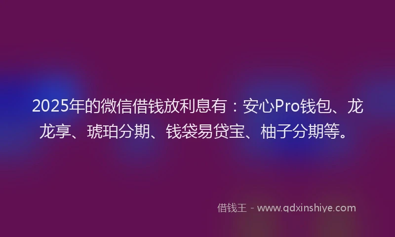 2025年的微信借钱放利息有：安心Pro钱包、龙龙享、琥珀分期、钱袋易贷宝、柚子分期等。