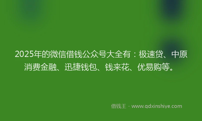 2025年的微信借钱公众号大全有：极速贷、中原消费金融、迅捷钱包、钱来花、优易购等。