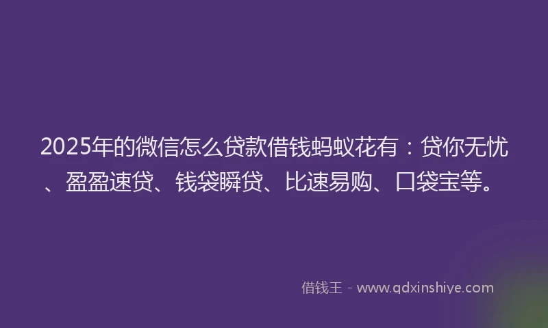 2025年的微信怎么贷款借钱蚂蚁花有：贷你无忧、盈盈速贷、钱袋瞬贷、比速易购、口袋宝等。