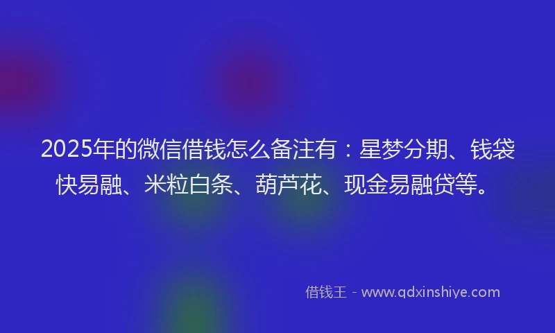 2025年的微信借钱怎么备注有：星梦分期、钱袋快易融、米粒白条、葫芦花、现金易融贷等。