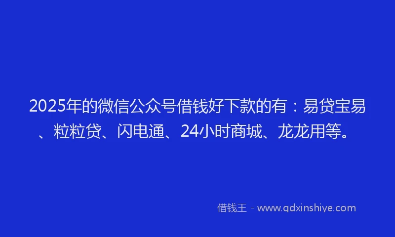 2025年的微信公众号借钱好下款的有：易贷宝易、粒粒贷、闪电通、24小时商城、龙龙用等。