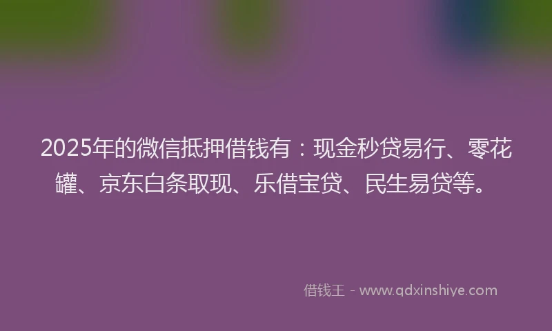 2025年的微信抵押借钱有：现金秒贷易行、零花罐、京东白条取现、乐借宝贷、民生易贷等。