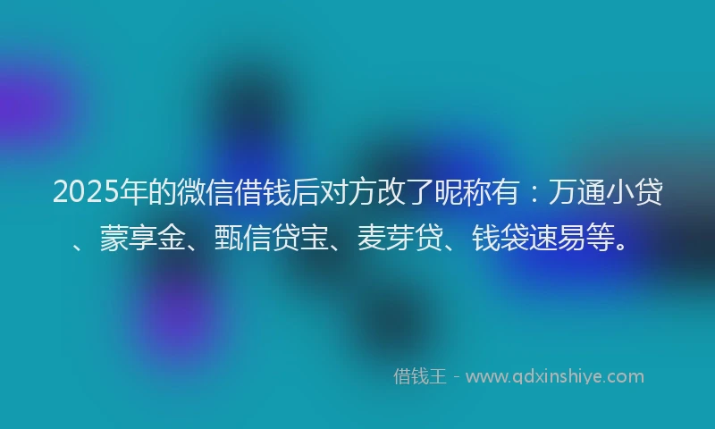 2025年的微信借钱后对方改了昵称有：万通小贷、蒙享金、甄信贷宝、麦芽贷、钱袋速易等。