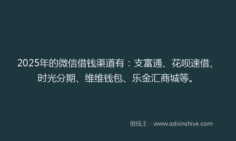 2025年的微信借钱渠道有：支富通、花呗速借、时光分期、维维钱包、乐金汇商城等。