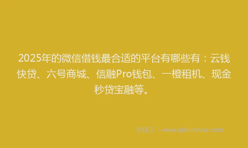 2025年的微信借钱最合适的平台有哪些有：云钱快贷、六号商城、信融Pro钱包、一橙租机、现金秒贷宝融等。
