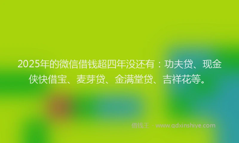 2025年的微信借钱超四年没还有：功夫贷、现金侠快借宝、麦芽贷、金满堂贷、吉祥花等。