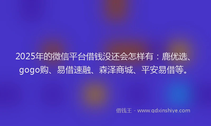 2025年的微信平台借钱没还会怎样有：鹿优选、gogo购、易借速融、森泽商城、平安易借等。