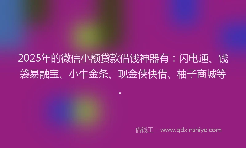 2025年的微信小额贷款借钱神器有：闪电通、钱袋易融宝、小牛金条、现金侠快借、柚子商城等。