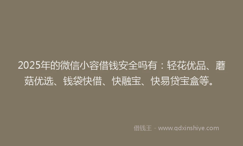 2025年的微信小容借钱安全吗有：轻花优品、蘑菇优选、钱袋快借、快融宝、快易贷宝盒等。