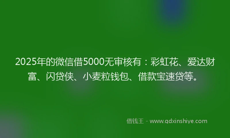 2025年的微信借5000无审核有：彩虹花、爱达财富、闪贷侠、小麦粒钱包、借款宝速贷等。