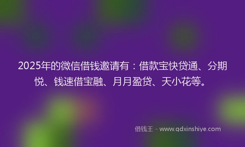 2025年的微信借钱邀请有：借款宝快贷通、分期悦、钱速借宝融、月月盈贷、天小花等。