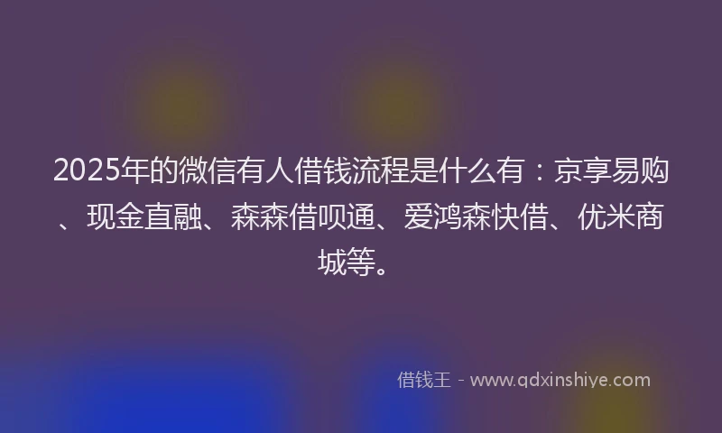 2025年的微信有人借钱流程是什么有：京享易购、现金直融、森森借呗通、爱鸿森快借、优米商城等。