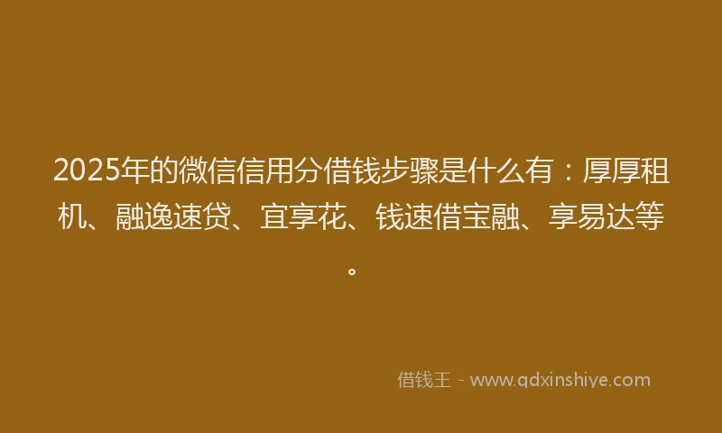 2025年的微信信用分借钱步骤是什么有：厚厚租机、融逸速贷、宜享花、钱速借宝融、享易达等。