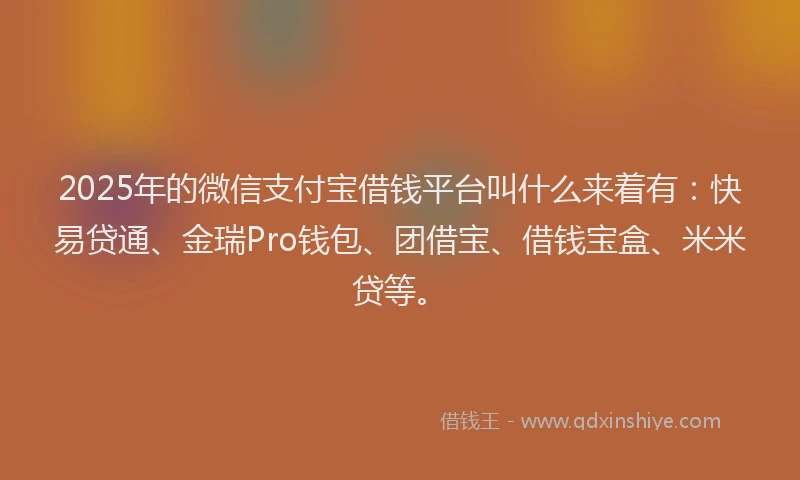 2025年的微信支付宝借钱平台叫什么来着有：快易贷通、金瑞Pro钱包、团借宝、借钱宝盒、米米贷等。