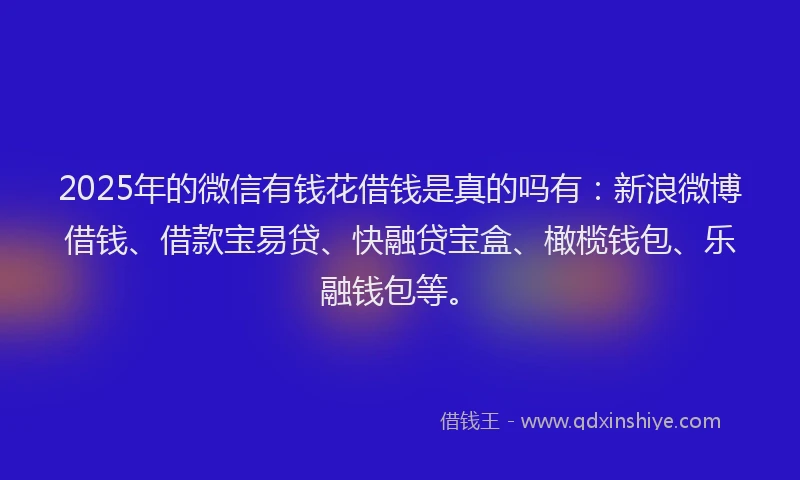 2025年的微信有钱花借钱是真的吗有：新浪微博借钱、借款宝易贷、快融贷宝盒、橄榄钱包、乐融钱包等。