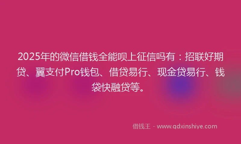 2025年的微信借钱全能呗上征信吗有：招联好期贷、翼支付Pro钱包、借贷易行、现金贷易行、钱袋快融贷等。