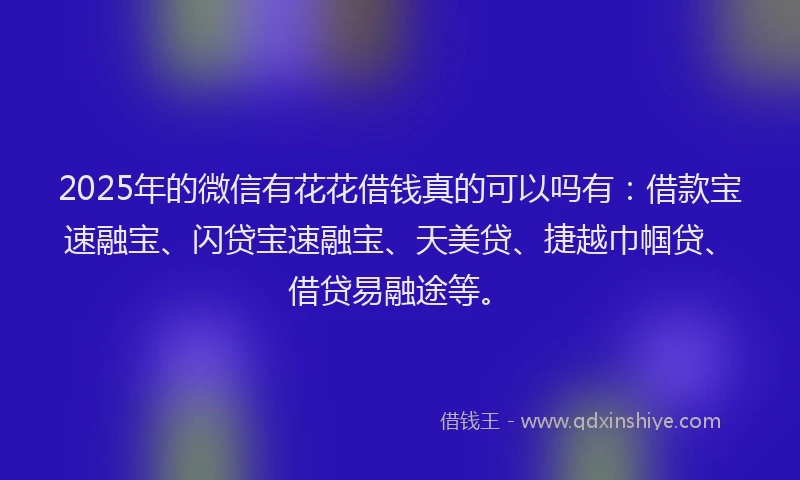 2025年的微信有花花借钱真的可以吗有：借款宝速融宝、闪贷宝速融宝、天美贷、捷越巾帼贷、借贷易融途等。