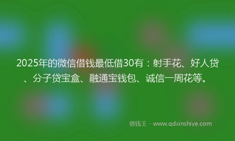 2025年的微信借钱最低借30有：射手花、好人贷、分子贷宝盒、融通宝钱包、诚信一周花等。