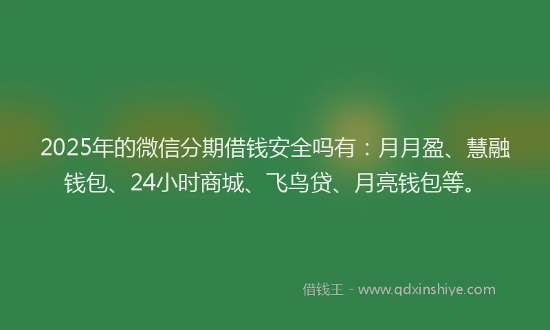 2025年的微信分期借钱安全吗有：月月盈、慧融钱包、24小时商城、飞鸟贷、月亮钱包等。