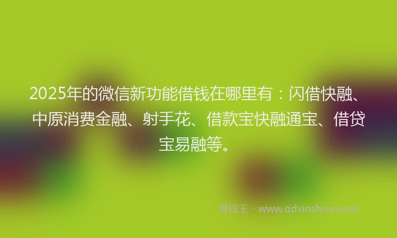 2025年的微信新功能借钱在哪里有：闪借快融、中原消费金融、射手花、借款宝快融通宝、借贷宝易融等。
