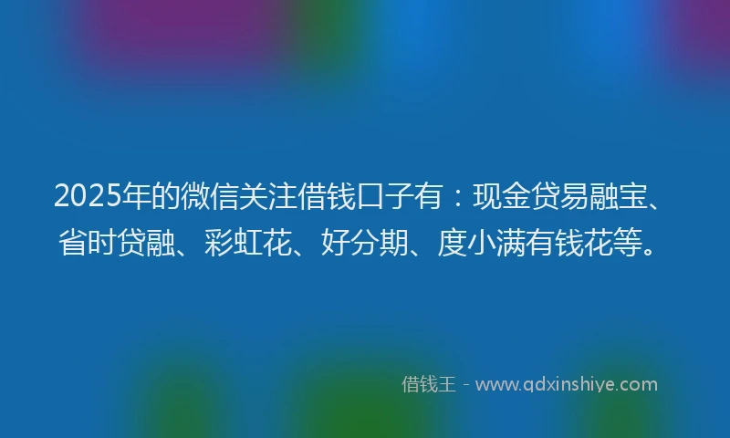 2025年的微信关注借钱口子有：现金贷易融宝、省时贷融、彩虹花、好分期、度小满有钱花等。