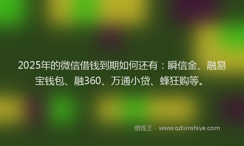 2025年的微信借钱到期如何还有：瞬信金、融易宝钱包、融360、万通小贷、蜂狂购等。