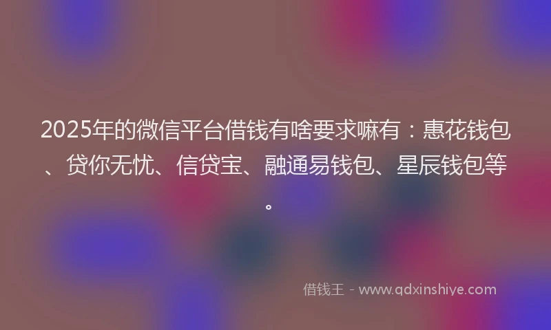 2025年的微信平台借钱有啥要求嘛有：惠花钱包、贷你无忧、信贷宝、融通易钱包、星辰钱包等。