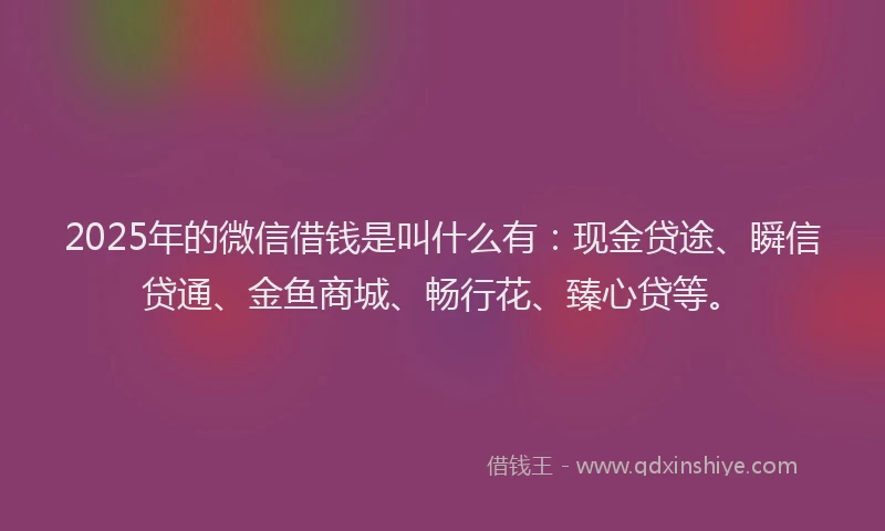 2025年的微信借钱是叫什么有：现金贷途、瞬信贷通、金鱼商城、畅行花、臻心贷等。