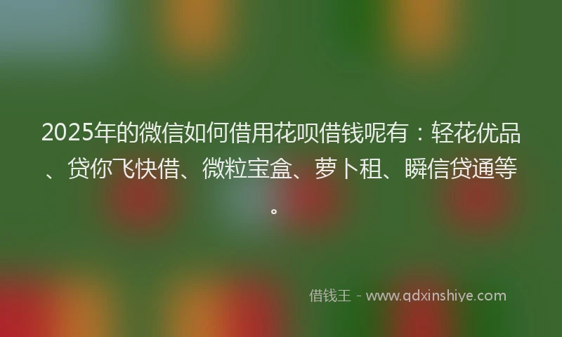 2025年的微信如何借用花呗借钱呢有：轻花优品、贷你飞快借、微粒宝盒、萝卜租、瞬信贷通等。
