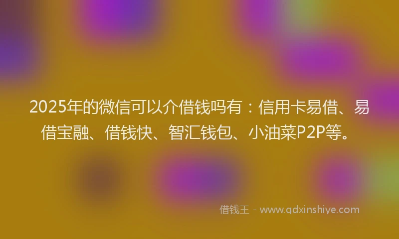 2025年的微信可以介借钱吗有：信用卡易借、易借宝融、借钱快、智汇钱包、小油菜P2P等。