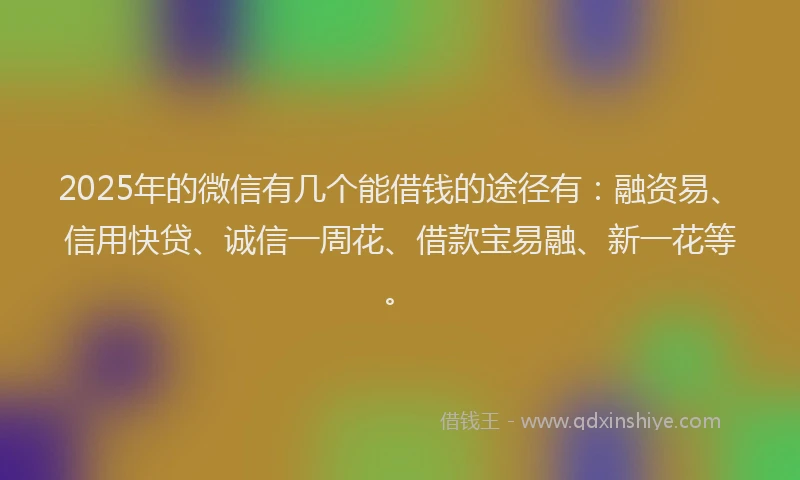 2025年的微信有几个能借钱的途径有：融资易、信用快贷、诚信一周花、借款宝易融、新一花等。