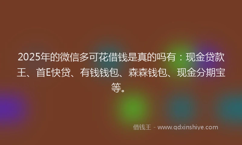 2025年的微信多可花借钱是真的吗有：现金贷款王、首E快贷、有钱钱包、森森钱包、现金分期宝等。