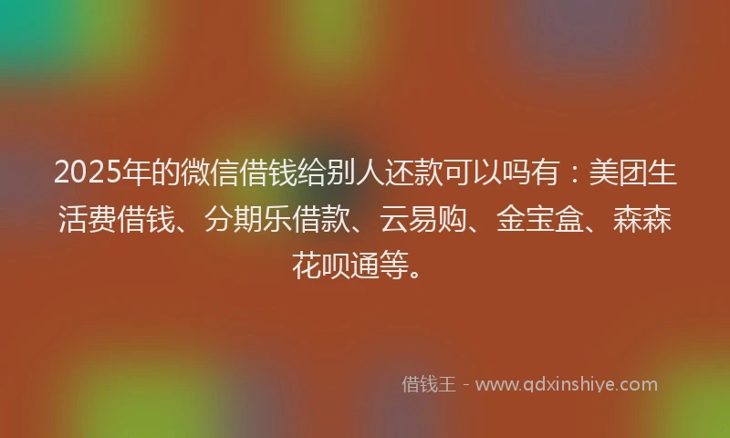 2025年的微信借钱给别人还款可以吗有：美团生活费借钱、分期乐借款、云易购、金宝盒、森森花呗通等。