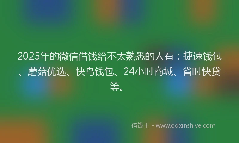 2025年的微信借钱给不太熟悉的人有：捷速钱包、蘑菇优选、快鸟钱包、24小时商城、省时快贷等。