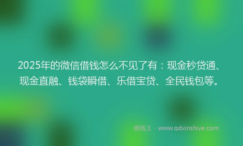 2025年的微信借钱怎么不见了有：现金秒贷通、现金直融、钱袋瞬借、乐借宝贷、全民钱包等。