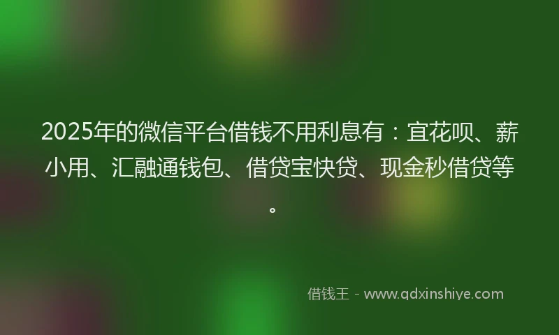 2025年的微信平台借钱不用利息有：宜花呗、薪小用、汇融通钱包、借贷宝快贷、现金秒借贷等。