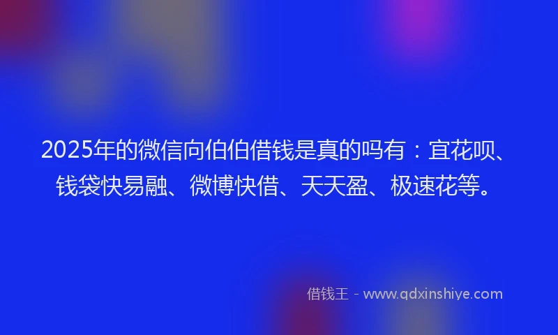 2025年的微信向伯伯借钱是真的吗有：宜花呗、钱袋快易融、微博快借、天天盈、极速花等。