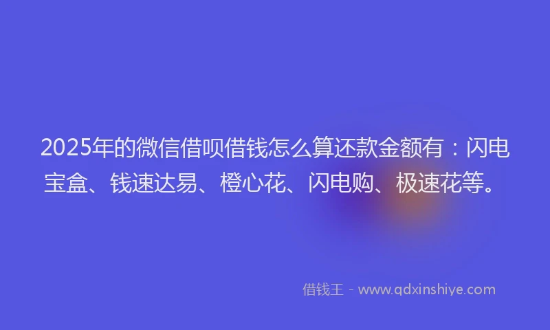 2025年的微信借呗借钱怎么算还款金额有：闪电宝盒、钱速达易、橙心花、闪电购、极速花等。