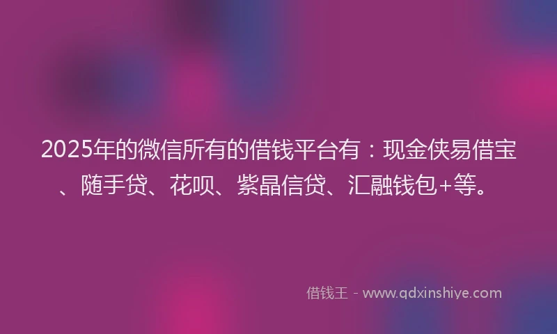 2025年的微信所有的借钱平台有：现金侠易借宝、随手贷、花呗、紫晶信贷、汇融钱包+等。